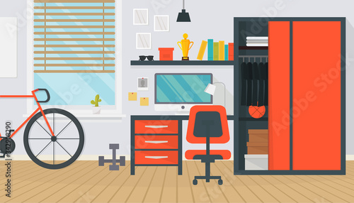 Modern teenager room interior furniture. Comfortable workspace. Table, chair, cupboard, computer, bicycle, lamp, books and window. Home design. Stylish apartment. Flat vector illustration.