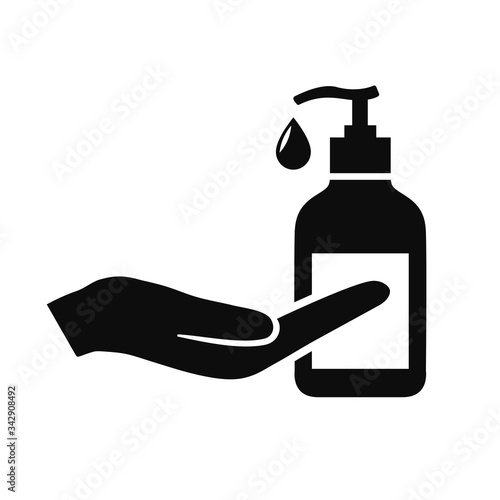 Antiseptic icon, hand sanitizers. Alcohol rub sanitizers kill most bacteria from hands and stop viruses. Sanitizer bottle, wall mounted container, liquid soap icon - stock vector