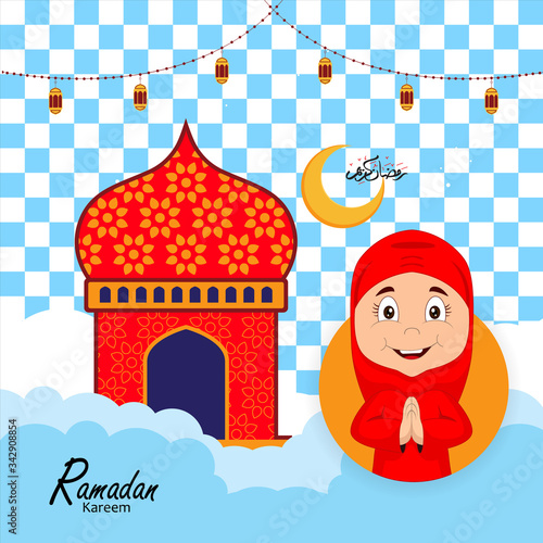 ramadan greeting card design with ramadan kareem cartoon character. Translated: Happy & Holy Ramadan. Month of fasting for Muslims. Arabic Calligraphy.