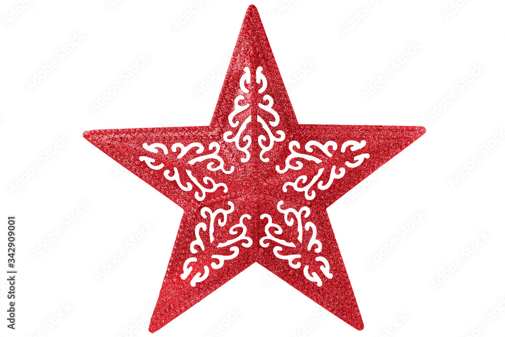 Obraz premium Big shiny red star for Christmas decoration. Isolated on white background. Cut out and directly above.