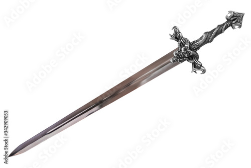 Sword disposed by diagonal, isolated on white background. Cut out.