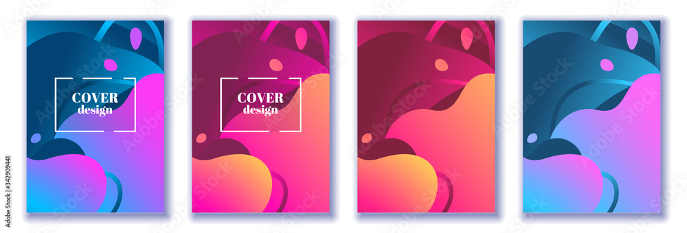 Social media stories template set, abstract trendy fluid wavy neon vertical backgrounds. Cyan, blue, pink, mint, orange, violet colors with gradients and halftones. Vector illustration, Eps10.