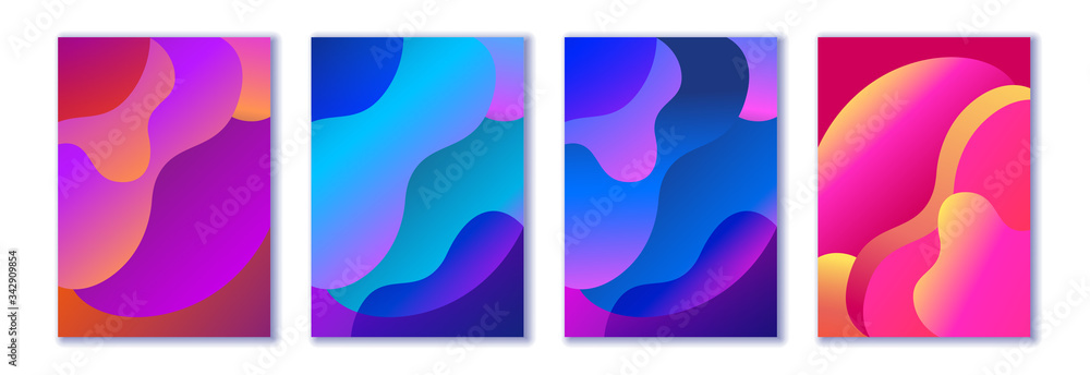 Abstract trendy fluid wavy neon background. Red, cyan, violet, orange, pink, dark colors, gradient. Modern 3d style. Applicable for cover, brochure, flyer, template design. Vector illustration, Eps10.