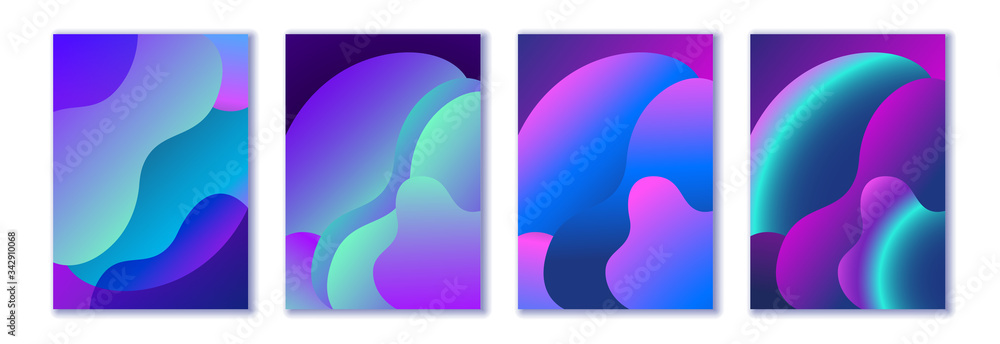Abstract trendy fluid wavy neon background set. Cyan, blue, pink, violet, dark colors with gradient. Modern 3d style. Applicable for cover, brochure, flyer template design. Vector illustration, Eps10.