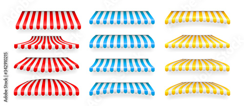 Realistic striped shop sunshade. Store awning. Shop tent isolated set. Vector illustration