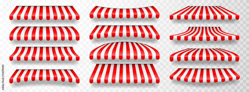 Fototapeta premium Realistic striped shop sunshade. Store awning. Shop tent isolated set. Vector illustration