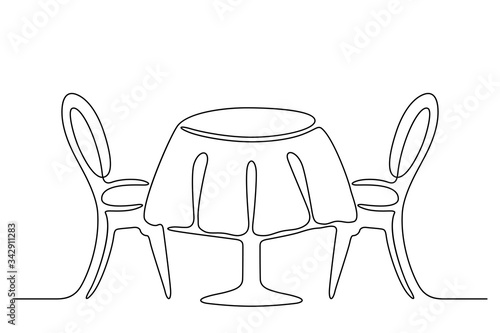 Continuous line drawing. Table with chairs. Black isolated on white background. Hand drawn vector illustration. 