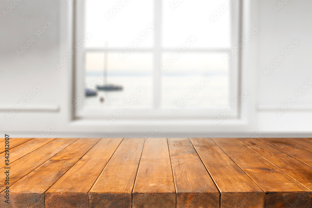 Desk of free space and blurred window background Desk of free space and blurred window background