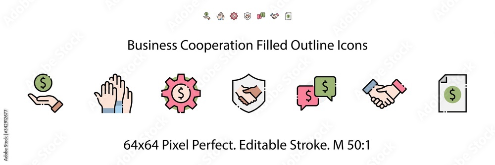 Business Cooperation Filled Outline Icons. Colorful Linear Set Vector Line Icon. Synergy, Partnership, Interaction and more. 64x64 Pixel Perfect. Editable Stroke Business Cooperation Filled Outline Icons. Colorful Linear Set Vector Line Icon. Synergy, Partnership, Interaction and more. 64x64 Pixel Perfect. Editable Stroke