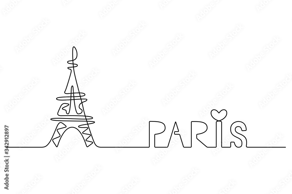 Continuous line drawing.  Eiffel Tower in Paris. Black isolated on white background. Hand drawn vector illustration. 