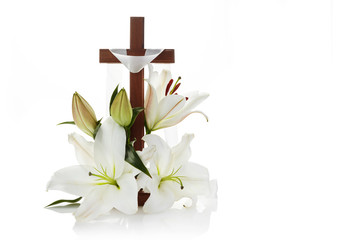 Cross with lilies isolated on white background for decorative design. Spring background. Easter card.