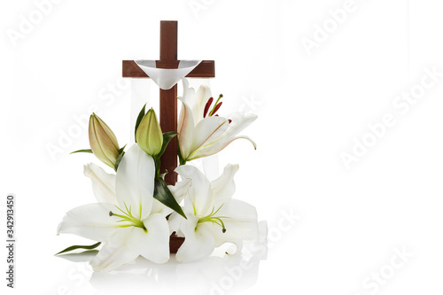 Canvas Print Cross with lilies isolated on white background for decorative design