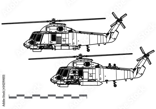 Kaman SH-2 Seasprite. Vector drawing of anti-submarine warfare helicopter. Side view. Image for illustration and infographics.