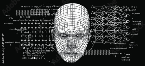 Abstract composition of Human face wireframe and glitched elements. The subject of mind, reason, thought, mental powers and Artificial intelligence consciousness.
