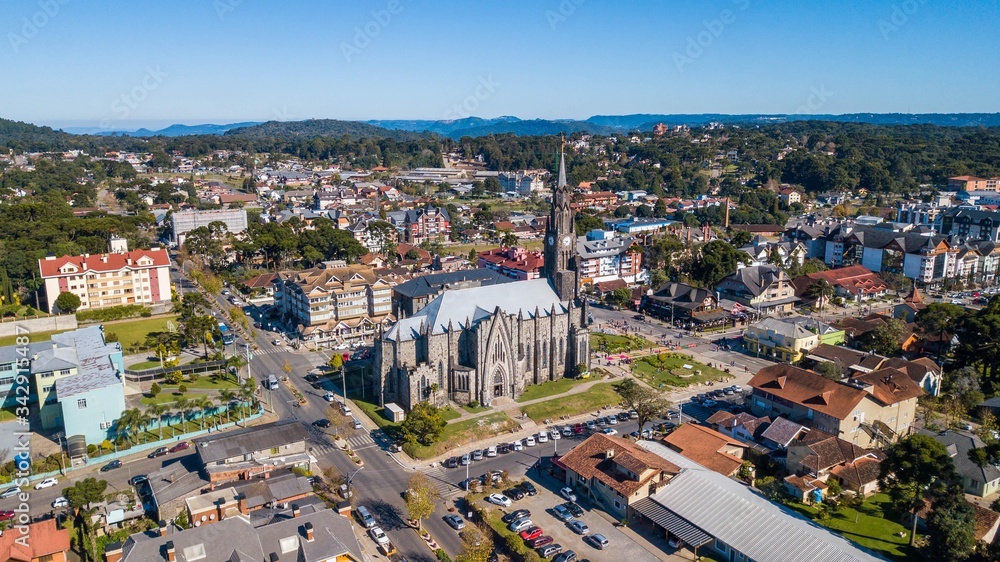 Aerial view of the cathedral and the city center of Canela, in the Serra Gaúcha