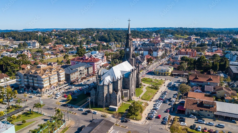 Aerial view of the cathedral and the city center of Canela, in the Serra Gaúcha