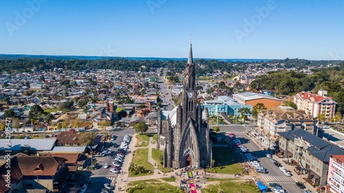 Aerial view of the cathedral and the city center of Canela, in the Serra Gaúcha