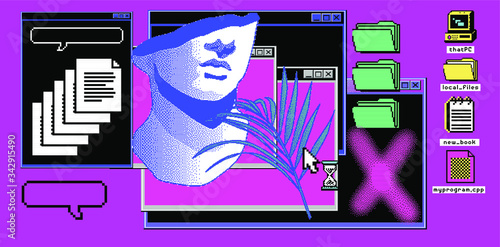 Surreal retrofuturistic vector illustration with Roman antique statue in pixel art 8-bit style and opened terminal console, command-line interface of programs.