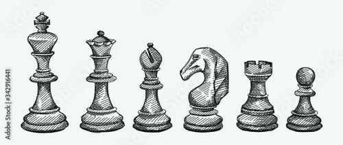 Hand-drawn sketch set of Chess pieces on a white background. Chess. Check mate. King, Queen, Bishop, Knight, Rook, Pawn photo