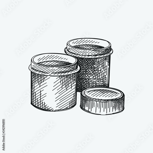 Hand-drawn sketch of Gouache Bottles on a white background. Gouache Bottles for drawing. Drawing set. Tools for an artist