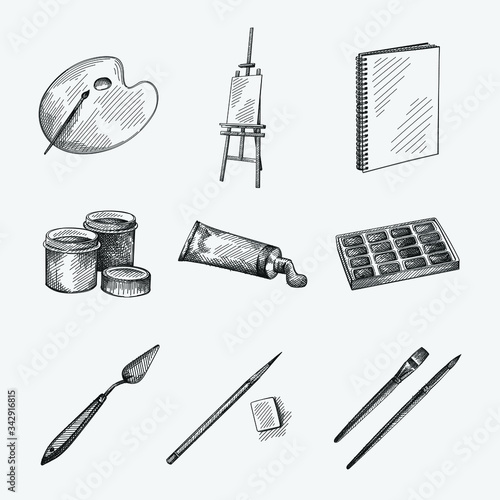 Hand-drawn sketch of Drawing set. Artist tools. Easel, Palette, brushes for drawing, Drawing Notebook, pencil and eraser, palette knife and spatula; tin palette case for watercolors; Gouache Bottles