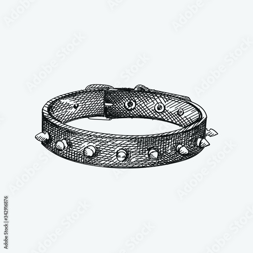 Hand-drawn sketch of dog collar with thorns on a white background. Dog collar with thorns. Pet supplies. Care for home animals. 