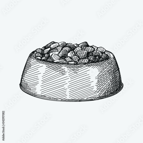 Hand-drawn sketch of Pet Food Bowl on a white background. Bowl with food for dogs or cats. Pet supplies. Care for home animals. 