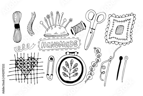 Embroidery and cross stitch kit icons Set: tambour, scissors, floss, thread, needles. Handmade tools doodles collection. Black and white vector illustration of hobby.