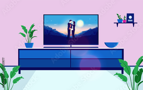Tv with romantic show or series screen. Television on bench in living room with beautiful romance scene. Movie, streaming, relaxing in front of tv concept. Vector illustration.