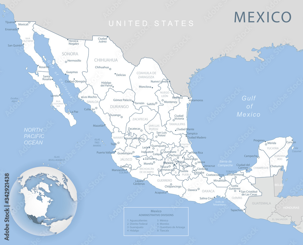 Blue-gray detailed map of Mexico and administrative divisions and location on the globe.