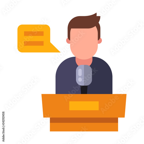 the speaker makes a speech behind the podium. Flat character vector illustration.