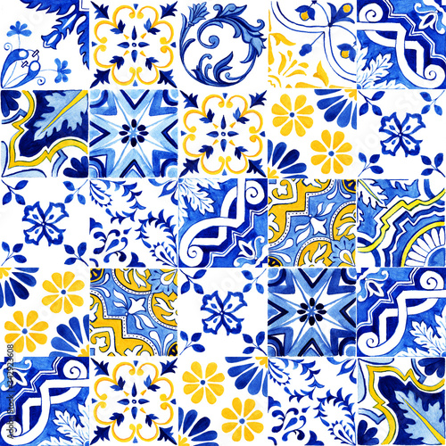 Portuguese Azulejos tile seamless pattern. Traditional Portuguese Mosaic tile decoration. Watercolor blue and yellow artwork. Antique ceramics tileable, heritage. Old painted panel with floral pattern