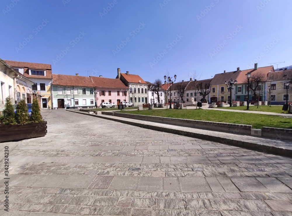 Romania ,Bistrita ,2020,april, Small Square ,empty city in quarantine,covid 19