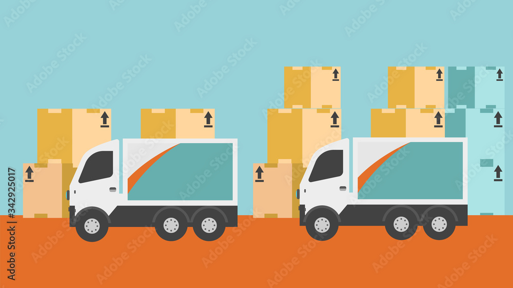 Delivery van with cardboard boxes on city background. Product goods shipping transport. Fast service truck vector illustration.