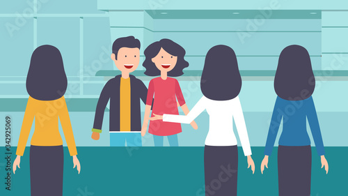 Check into a hotel. Young couple with suitcases is standing at the reception desk. Guests cartoon vector illustration in flat style. Pair of tourists talking to receptionist.
