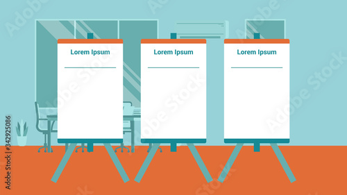 Easel flat icon design vector illustration. blank presentation board. Flip chart cartoon. Set of white wooden easels with mock up. Empty canvases isolated on background.