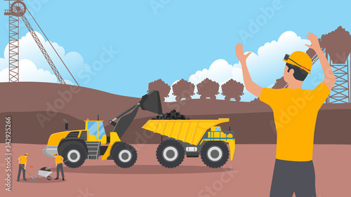 Crude oil mining site on a sunny morning with blue clouds. Someone is controlling the situation. There are three workers wearing yellow color clothes and project helmets.