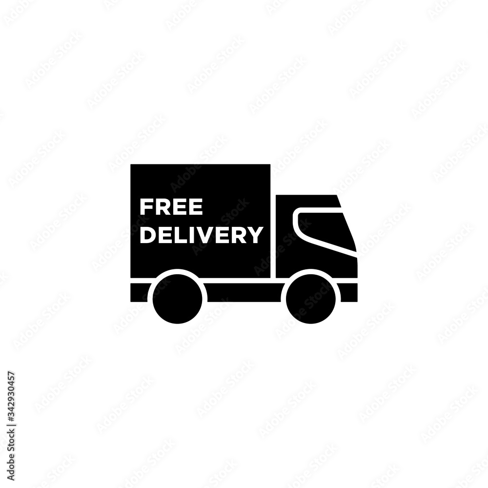 Free delivery shipping Transport truck sign in black flat design on white background Free delivery shipping Transport truck sign in black flat design on white background