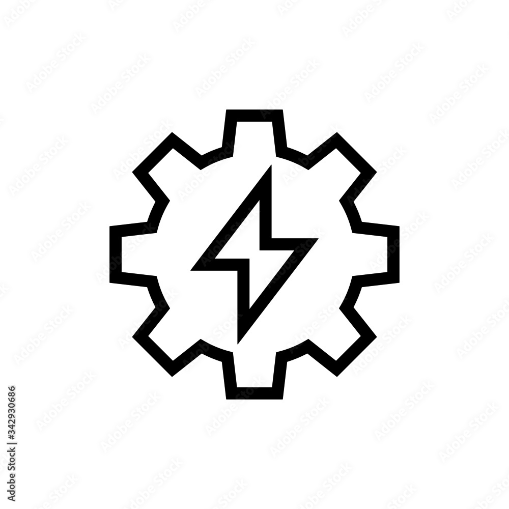 Gear with lightning in outline style on white background, web icon design Power energy sign, Vector illustration Gear with lightning in outline style on white background, web icon design Power energy sign, Vector illustration
