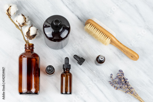 Flat lay of skin care essential oil products