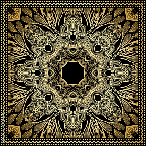 Bandana Gold Clipart. Headband clipart print, vector floral illustration with abstract golden waves and lines. Use for sublimation printing. Bandana Silk Scarf Pattern.