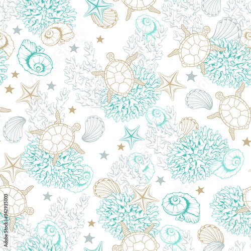 Ocean seashells pattern background, vector sketch line art sea shells, corals and turtles. Underwater marine pattern, engraved design in pastel gold and turquoise color, sea reef shells background