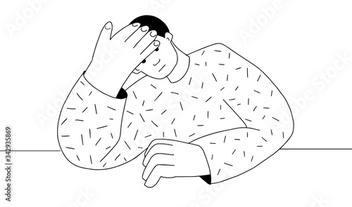 Unhappy Man in despair. The guy under stress. Depressive disorder. Vector illustration in line style