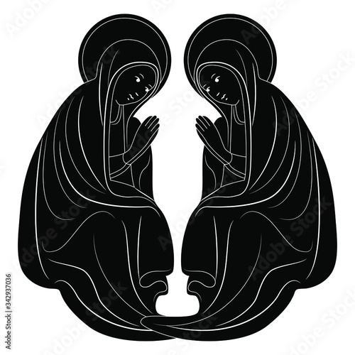 Isolated vector illustration. Symmetrical decor with two praying saint ladies. Black and white silhouette.