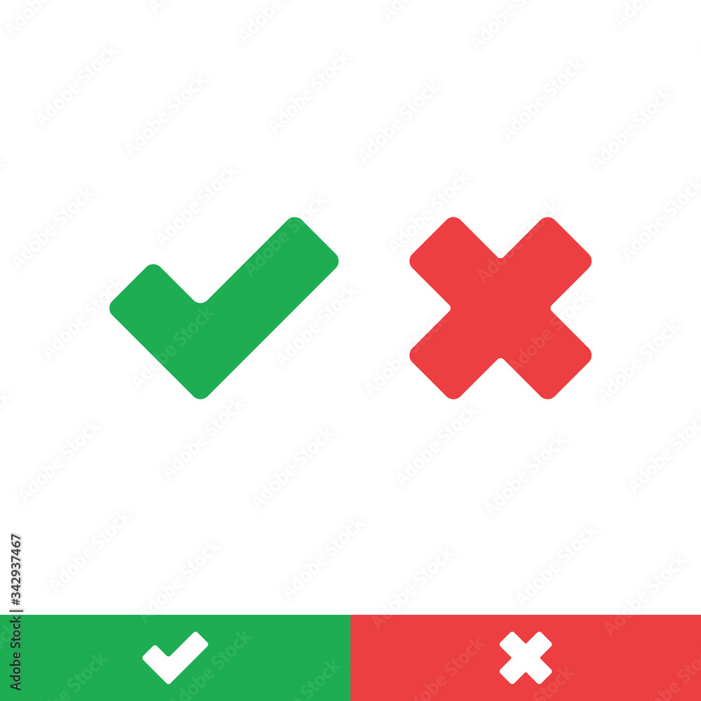 Tick and cross signs. Green checkmark and red X icons, isolated on white background. Tick and cross signs. Green checkmark and red X icons, isolated on white background.