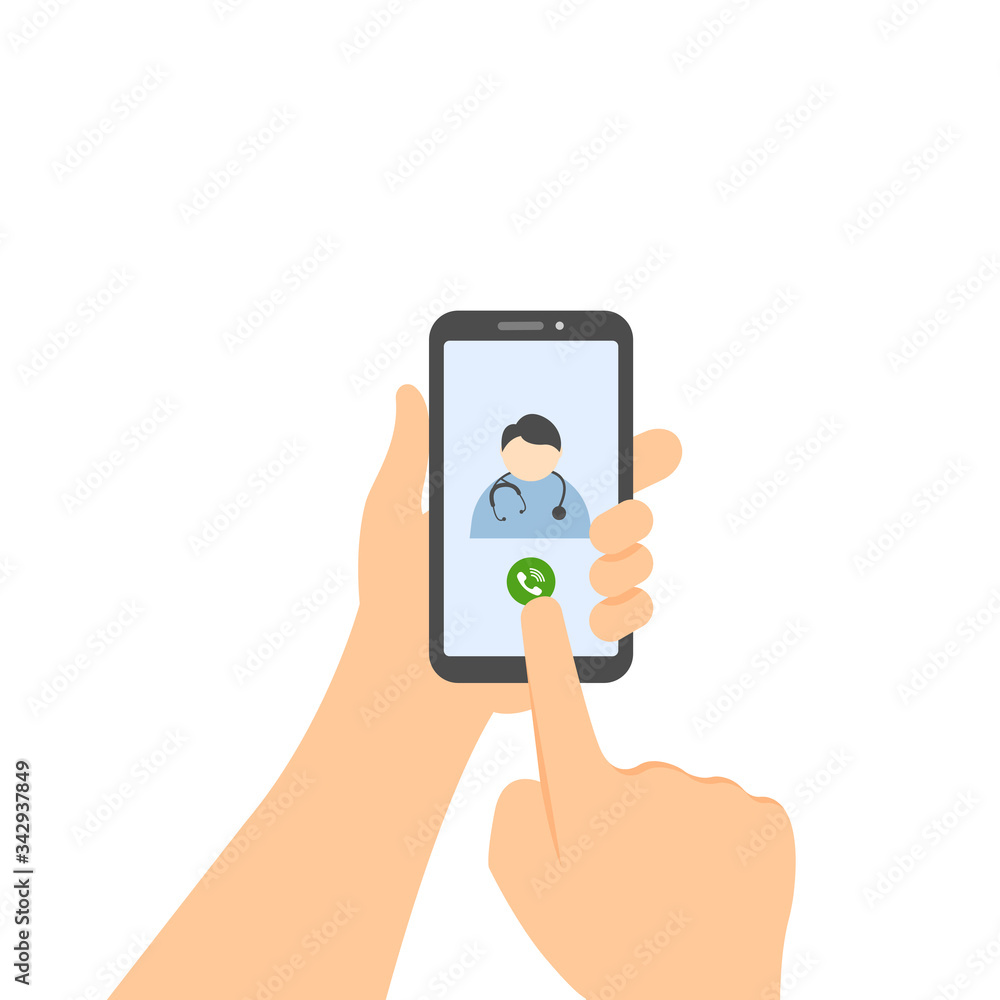 Man using mobile phone to call doctor. Medical consultation with doctor on the phone. Vector illustration isolated on white background