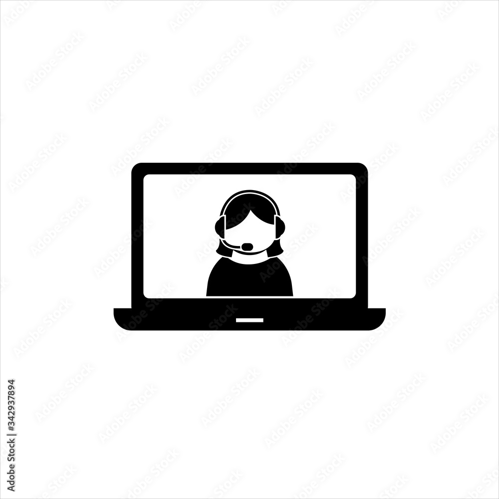 Laptop, online teacher with headphones. Distance e-learning from laptop computer. Online education metaphor sign. Flat icon vector illustration isolated on white background Laptop, online teacher with headphones. Distance e-learning from laptop computer. Online education metaphor sign. Flat icon vector illustration isolated on white background