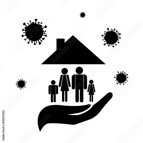 Family and house. Stay at home flat vector icon illustration isolated on white background. Family protection sign, safety from virus. People inside and virus outside