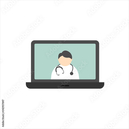 Doctor online. Medical consultation with doctor on the laptop computer flat vector illustration isolated on white background. Telemedicine or telehealth virtual visit