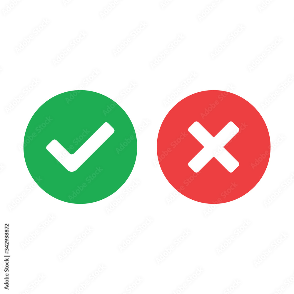 Tick and cross signs. Green checkmark and red X icons, isolated on white background. Tick and cross signs. Green checkmark and red X icons, isolated on white background.
